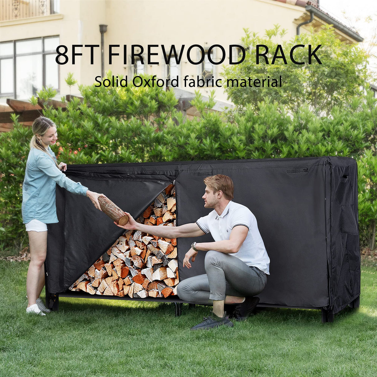 VIVOHOME 8ft Heavy Duty Indoor Outdoor Firewood Storage Log Rack with Cover Combo Set Black VIVOHOME