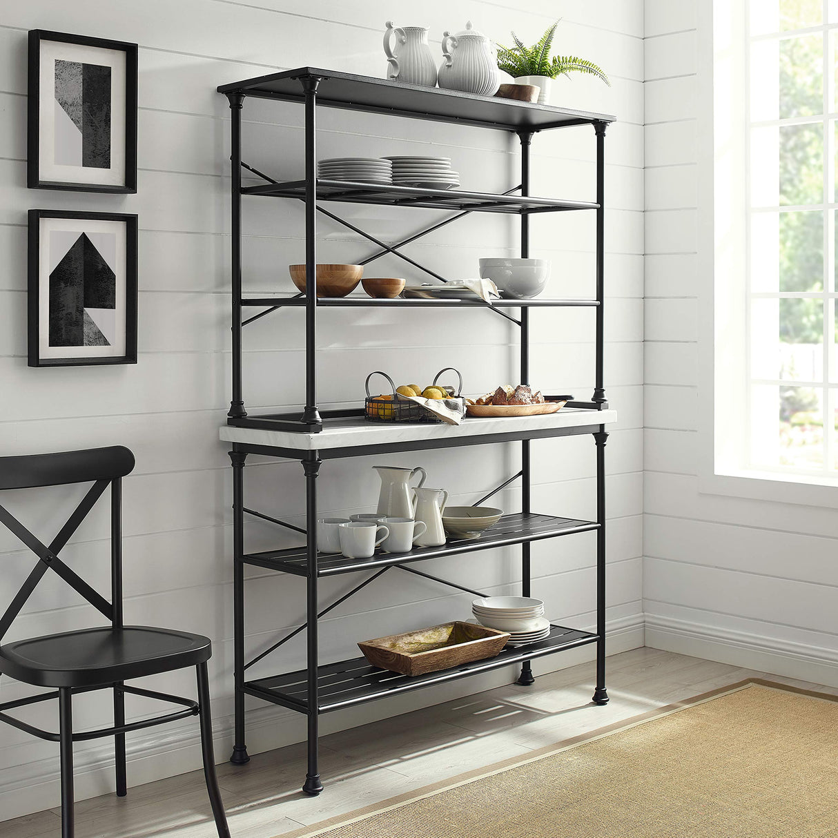 Crosley Furniture Madeleine Baker's Rack with Shelves for Storage, Microwave Stand, Coffee Bar, Steel with Faux Marble Top Crosley Furniture