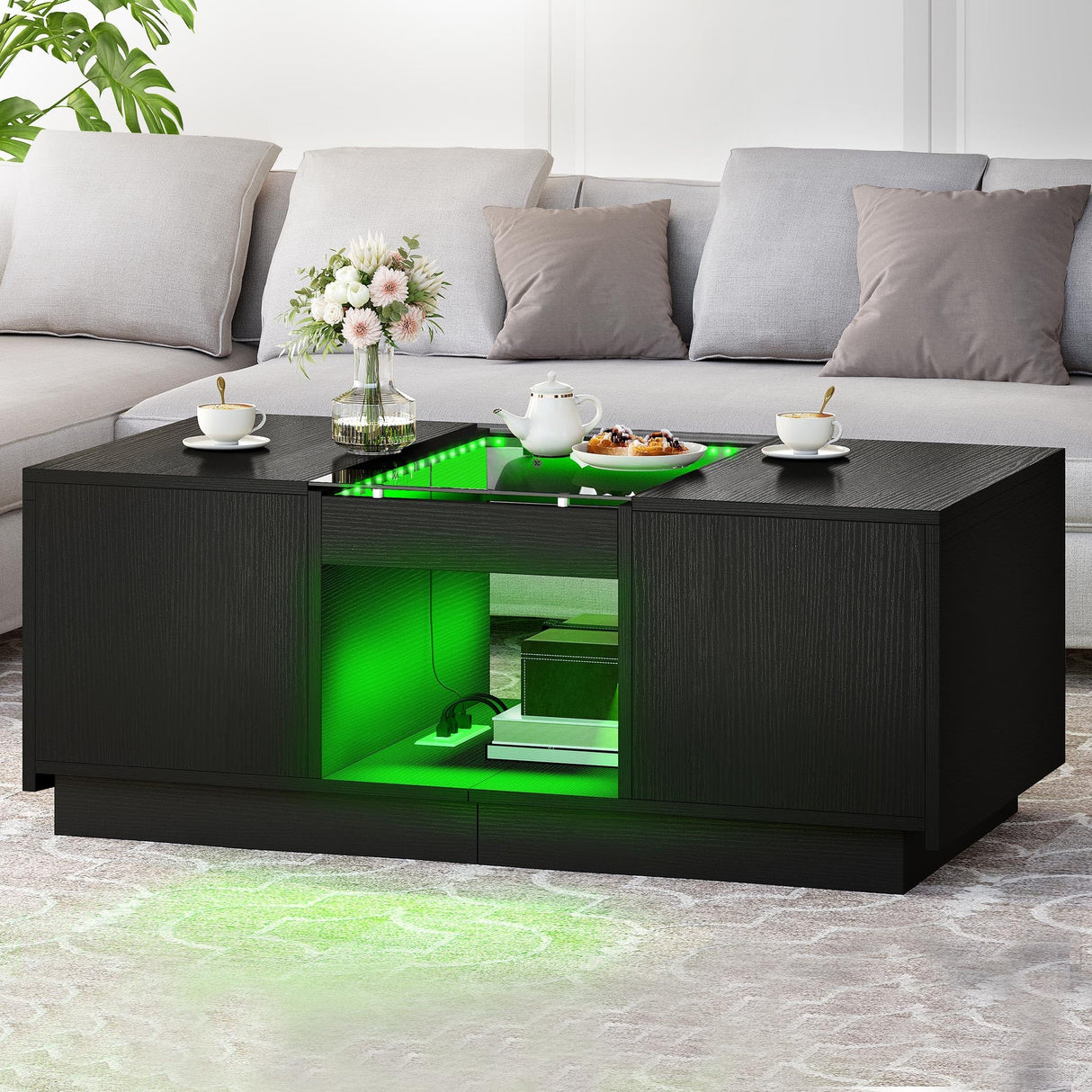 YITAHOME Modern Coffee Table with LED Lights, Rectangle Coffee Table with 2 Large Drawers, Spacious Glass Coffee Table, Upscale Large Living Room Table with Power Outlets and Remote Control, Black YITAHOME