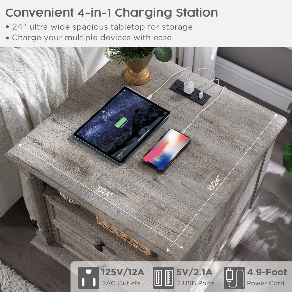 T4TREAM 24'' Farmhouse End Table w/4 Solid Wood Feet, Large 2 Drawers Wide Sofa Side Table with Charging Station, Tall Rustic Wood Square Nightstand for Living Room, Bedroom, Office, Light Rustic Oak T4TREAM