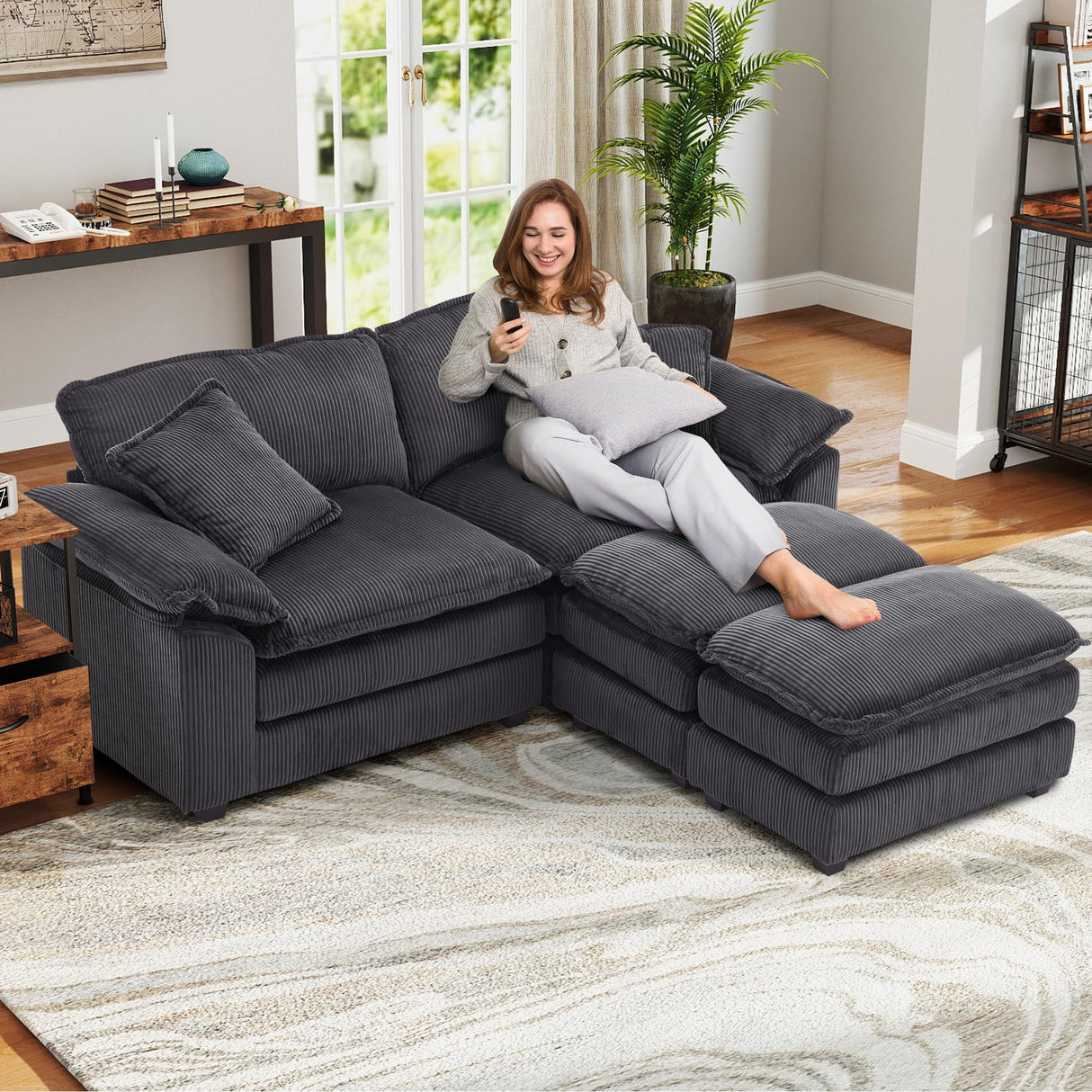 84.6'' Modular Sectional Sofa for Living Room, Comfy Corduroy Double Layer Upholstered Loveseat Sofa, Sleeper Sofa Cloud Couch with Moveable Ottoman, 2 Pillows and Detachable Armrest, Grey SLEERWAY