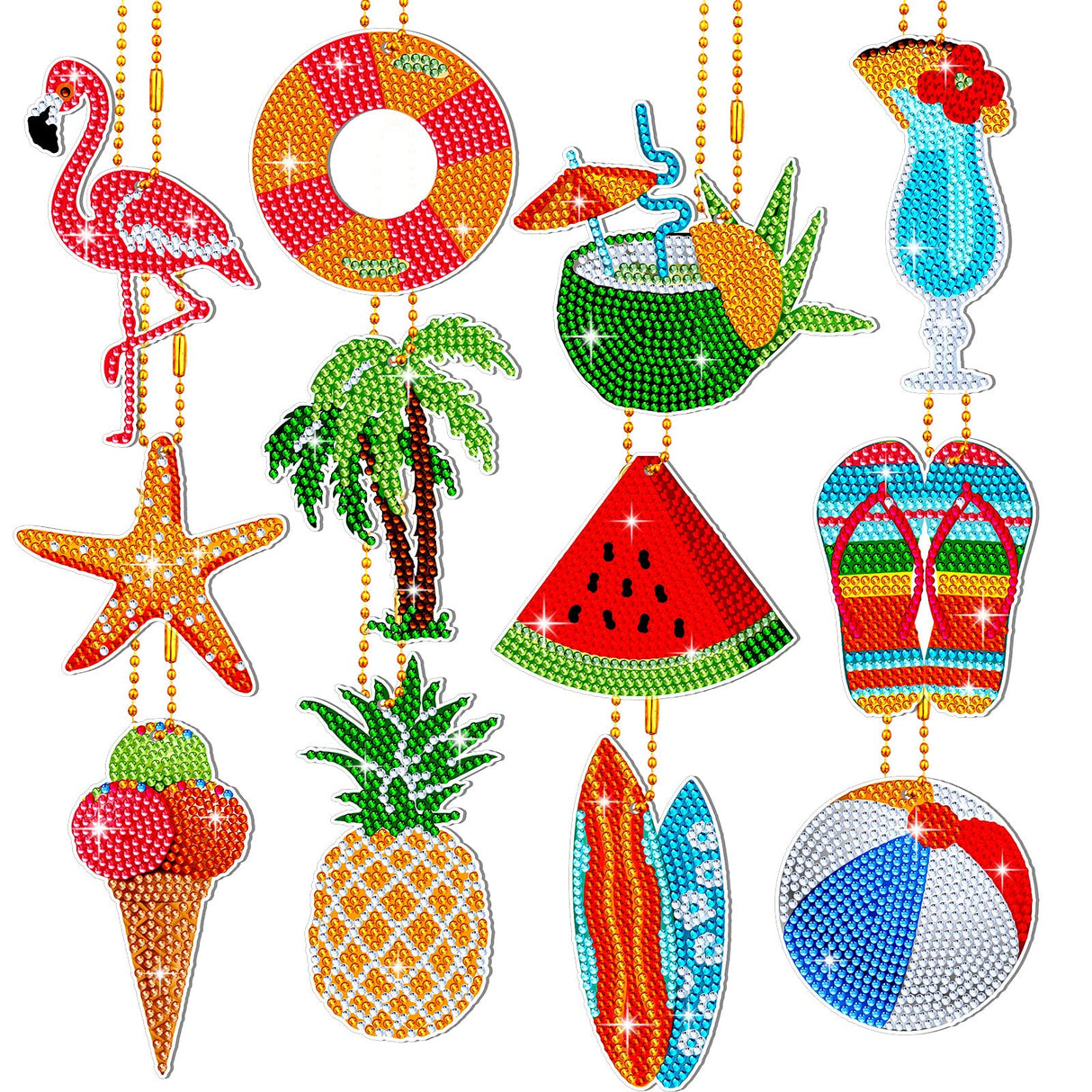 Thinkday 12 Pack Summer Diamond Painting Keychain Kits 5D Diamond Art Keychains DIY Painting Kit Summer Hanging Diamond Art Kits Diamond Art for Kids DIY Crafts (Summer) Thinkday