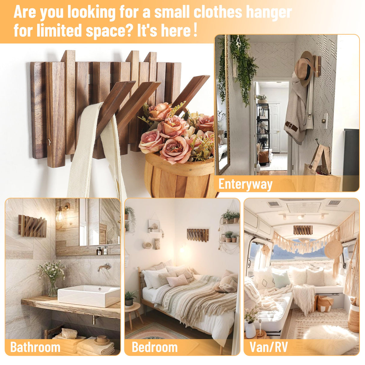 KYIAANY Coat Rack Wall for Farmhouse: Wood Rustic 6 Hooks Mount 10.4inch Retractable Wall Mounted for Small Spaces Entryway Hallway Bathroom for Hanging Jacket Towel Backpack Bag KYIAANY