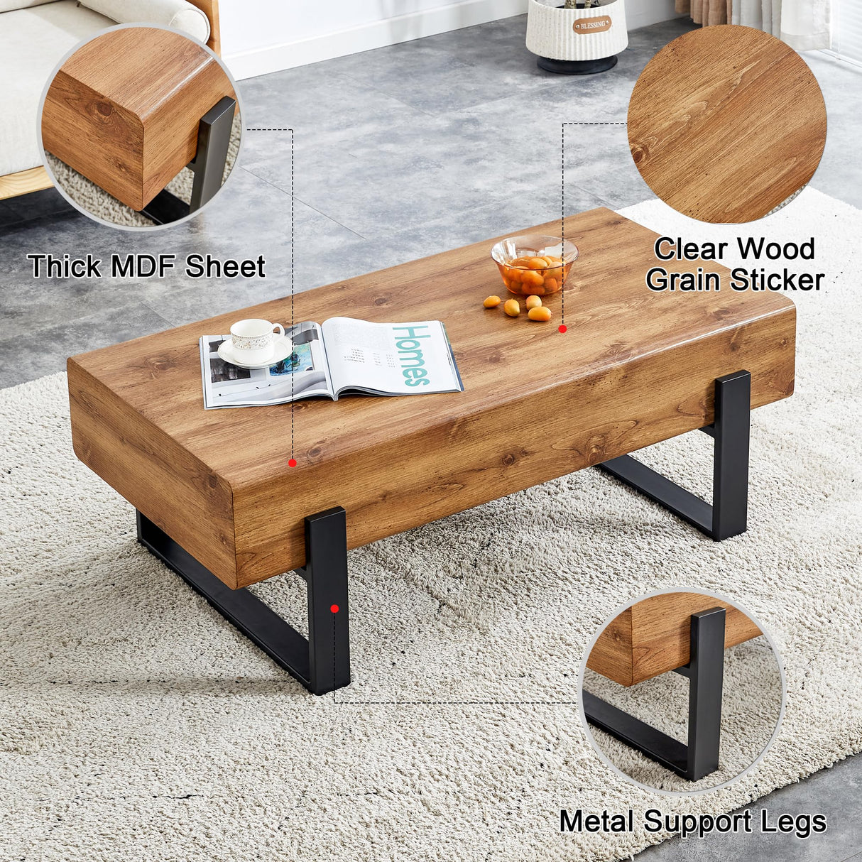 BFJDM 47.24'' Rustic Rectangle Coffee Table MDF Desktop with Metal Legs for Living Room Dining Room Bedroom Office BFJDM