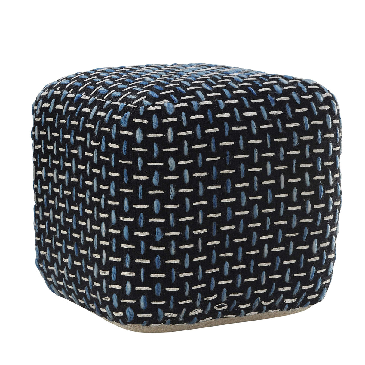 LR Home Evette Rios Black/Blue/White Transitional Polyester Square Ottoman Pouf for Home Decor | Hand-Made Modern Pouf Foot Rest for Bedroom & Living Room Decor | 16 x 16 x 16 Stuffed Pouf for Seating L.R. Resources Inc