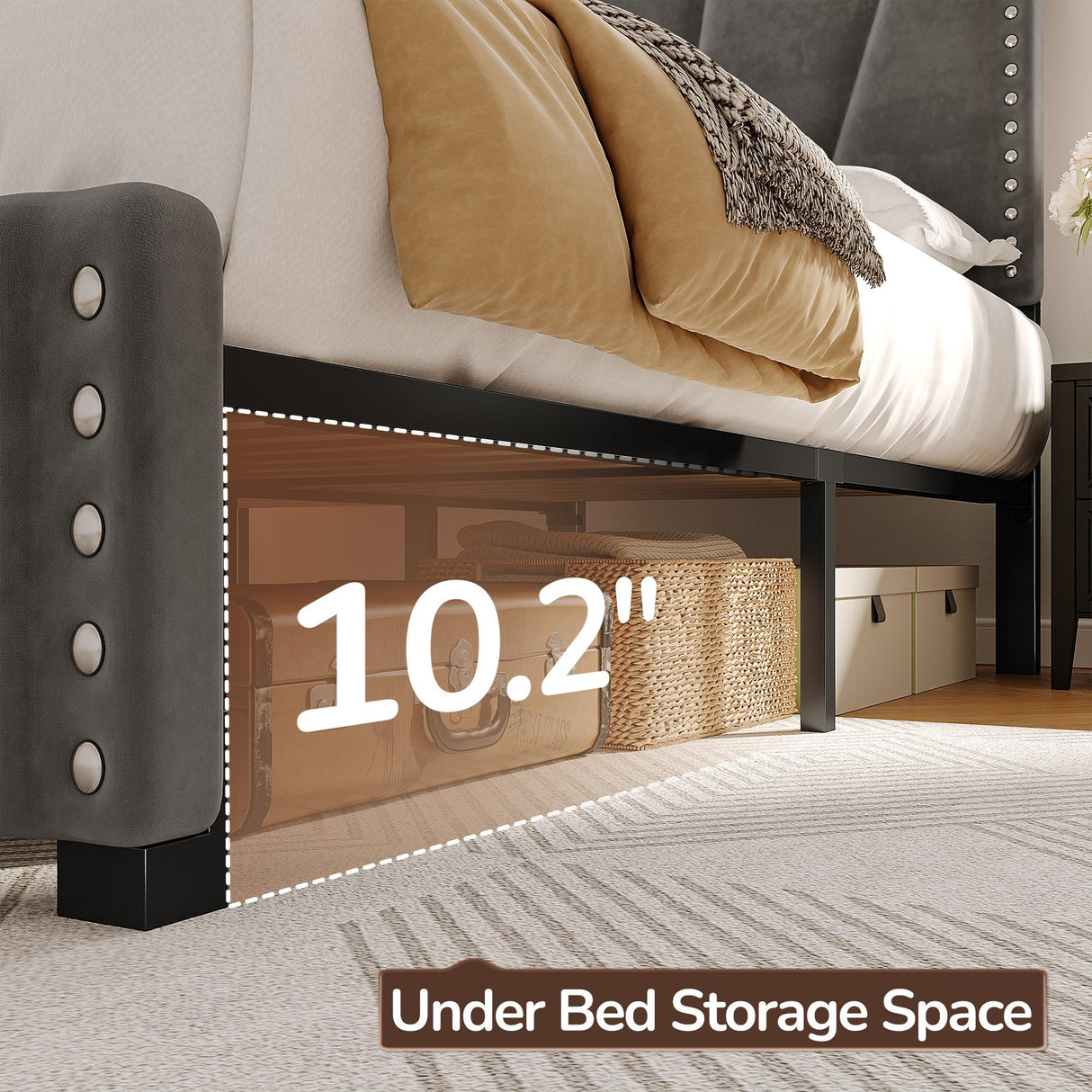 EnHomee King Size Bed Frame with Velvet Headboard and LED Lights, Storage Headboard Platform Bed with Charging Station, Sturdy Wooden Slats Support,Noise-Free,Easy Assembly, Dark Gray EnHomee