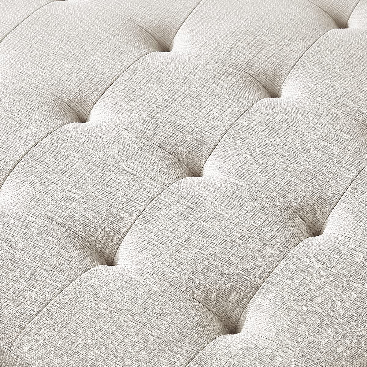 24KF Large Square Upholstered Tufted Linen Ottoman Coffee Table, Large Footrest Ottoman with Solid Wood Shelf-Ivory 24KF