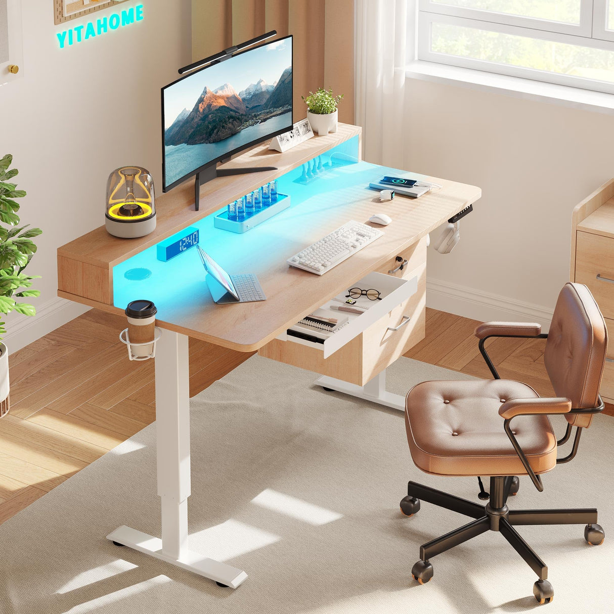 YITAHOME Height Adjustable Electric Standing Desk with Drawers, 48 x 24 Inches Sit Stand Desk with Power Outlets & LED Lights, Electric Desk Stand Up Desk with Monitor Stand, Oak YITAHOME