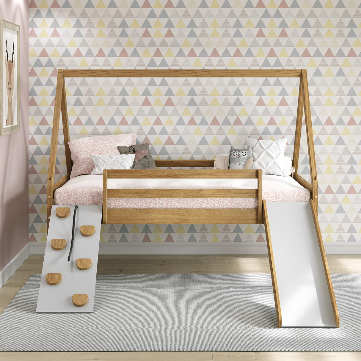 P'Kolino Casita Play Bed - Twin - Low Loft Bed with Slide, Climbing Ramp - Solid FSC Certifed Wood - Natural Wood P'Kolino
