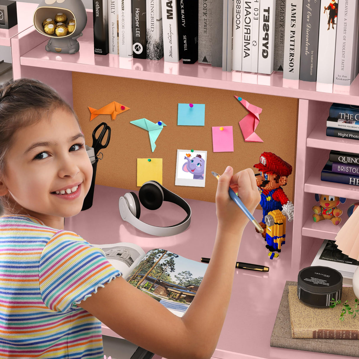 RUPOLX Pink Kids Desk and Chair Set for 5-12 Year Old, Childrens Computer Desk with 4 Drawers, Kids Study Table with Storage Shelf -3vj-40 RUPOLX