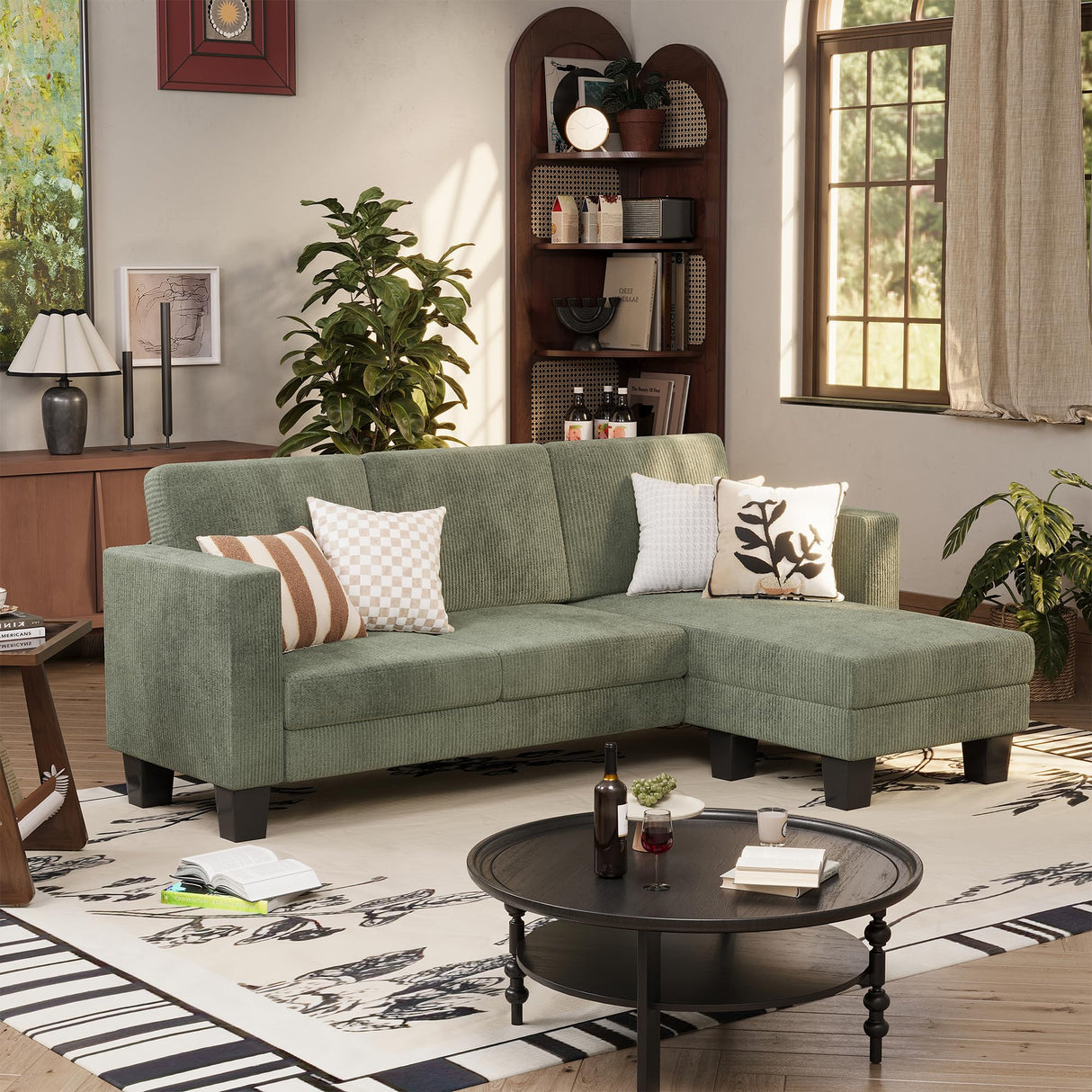 VICTONE Convertible Sectional Sofa Couch, 3 Seat L-Shaped Sofa with Linen Fabric Ottoman Small Couch for Small Apartments, Living Room and Office (Corduroy, Green) VICTONE