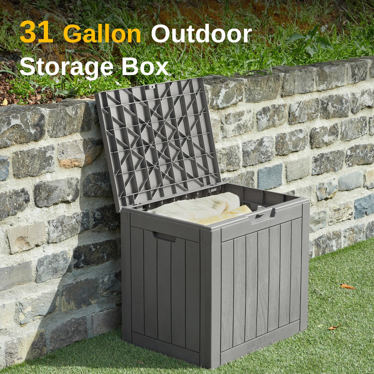 EAST OAK Outdoor Storage Box, 31 Gallon Deck Box Indoor and Outdoor Use, Waterproof Resin Storage Bin for Package Delivery, Patio Cushions, Gardening Tools, Lockable, UV Resistant, Grey EAST OAK