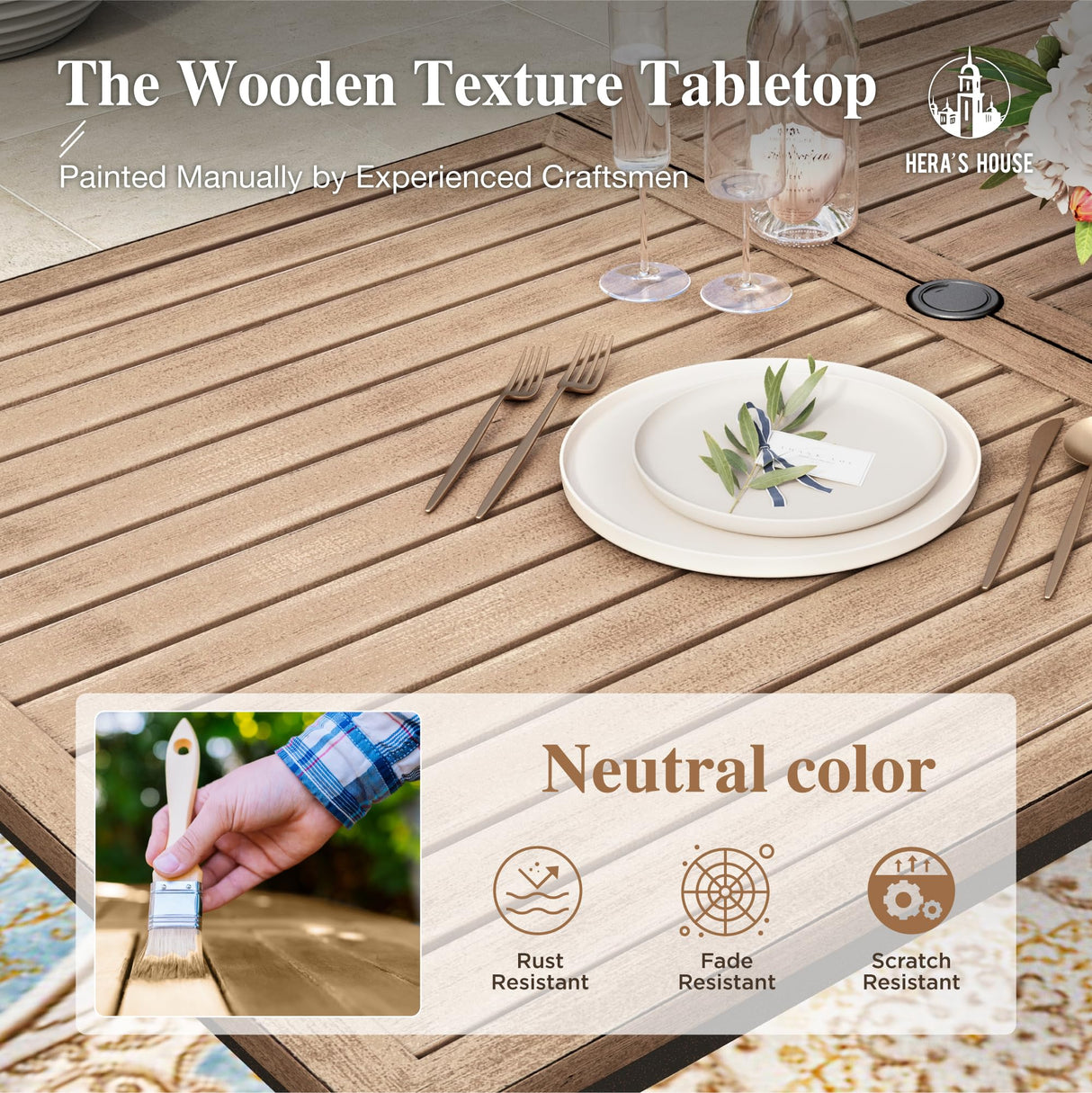 HERA'S HOUSE Outdoor Dining Set, 64" Wood Grain Rectangle Metal Table with Umbrella Hole and 6 Armrest Chairs, Patio Table and Chairs for Backyard Garden Porch HERA'S HOUSE