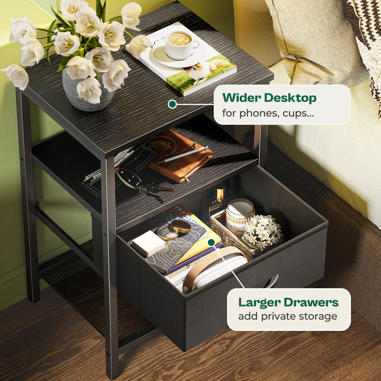 Huuger Nightstand Set of 2, Night Stand with Fabric Drawer, Mesh Shelf, Side Table with Storage, Fabric Drawer Dresser, Open Shelf, Metal Frame, Bedroom, Black Huuger