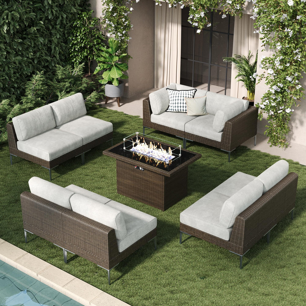 LayinSun 9-Piece Outdoor Modular Wicker Sectional Sofa with Fire Pit Table, Patio Furniture Conversation Set with Deep Seating and Thick Cushions LayinSun