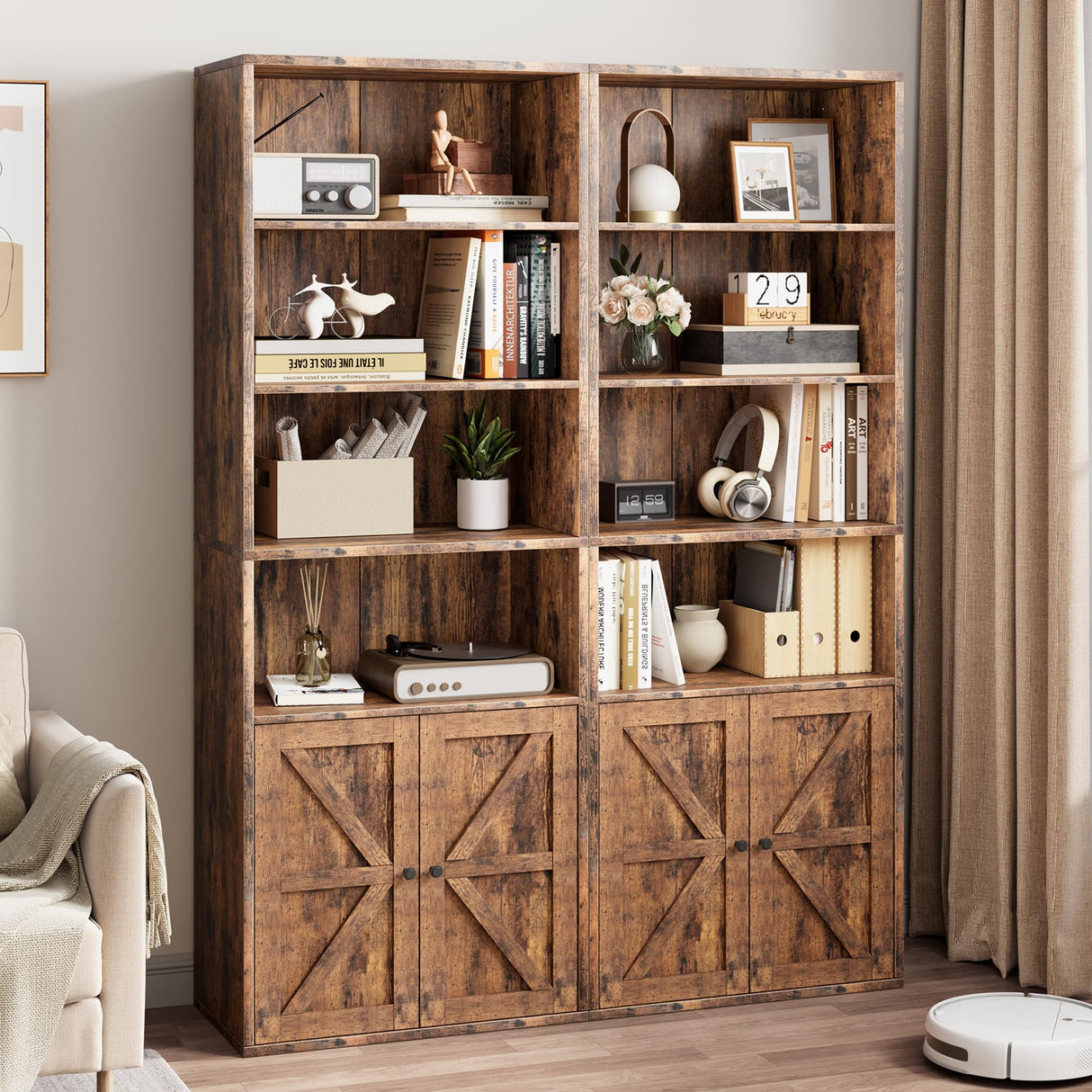 Garveehome Farmhouse Bookcase with Doors 11.8in Depth Display Storage Shelves 71.4in Tall Industrial Bookshelf Wooden 6 Shelf Bookshelves for Bedroom, Living Room, Home Office (Brown) GarveeHome