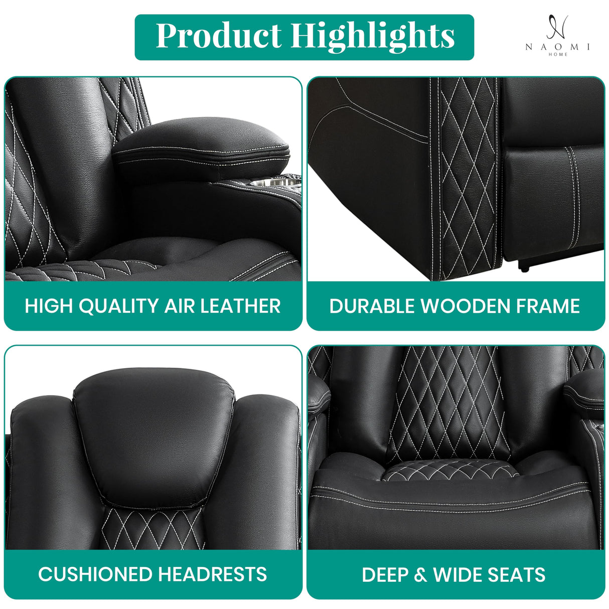 Naomi Home Chicago Sofa Black Air Leather – Premium 3-Seater Reclining Sofa with Console, Cup Holders, USB Ports, Pillow Top Armrests & Split Back Design – Modern Faux Leather Couch for Living Room Naomi Home