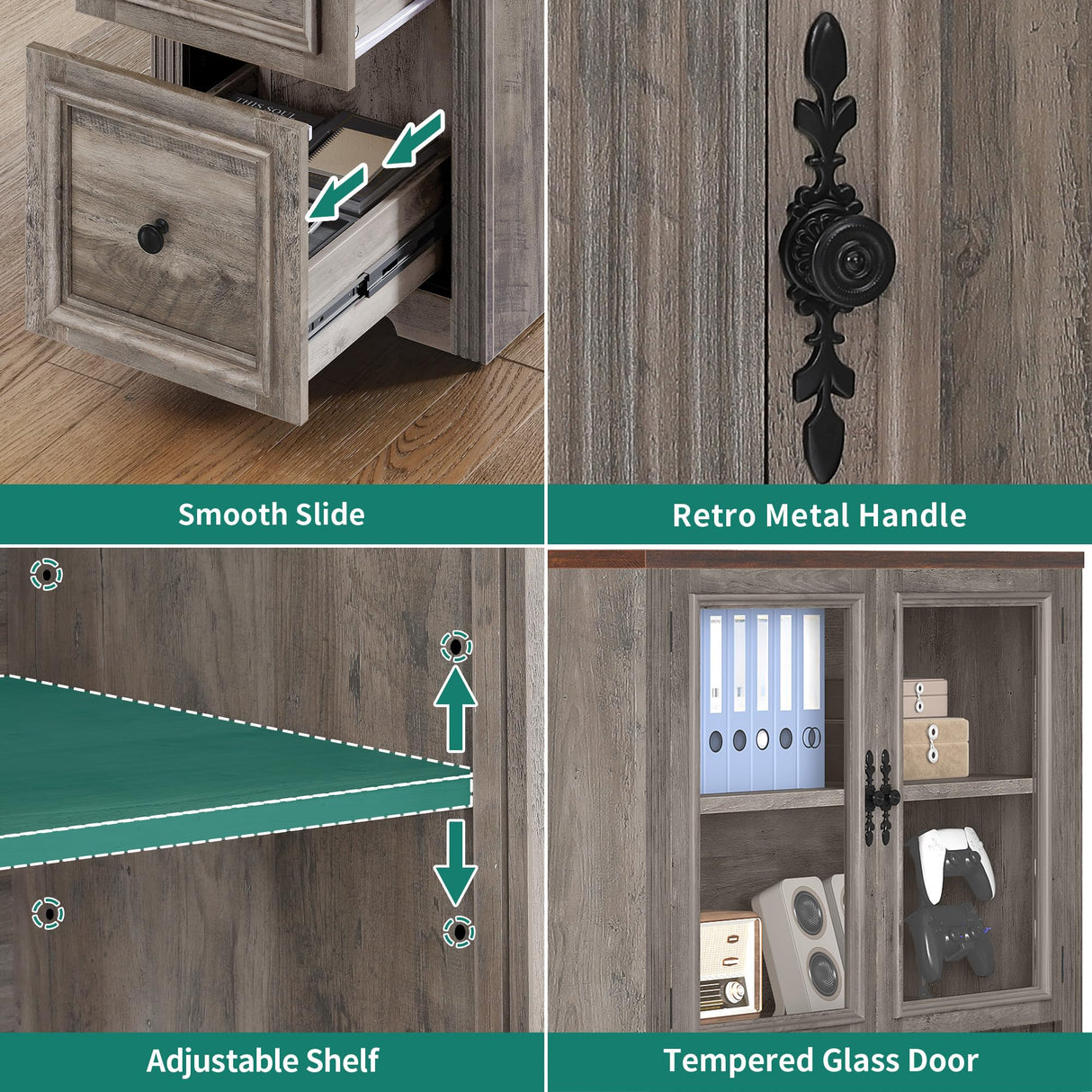 YITAHOME L Shaped Executive Desk with Hutch and Drawers, Farmhouse Home Office Desk with Power Outlet, Wood Corner Computer Desk with Sliding Door, Storage Cabinet with Glass Door, Grey & Walnut YITAHOME