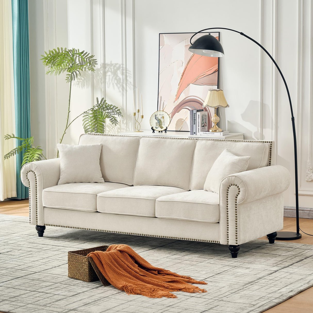 Asucoora 86.5" Classic Chenille Sofa Couch 3-Seater | Chesterfield Style with Traditional Rolled Arms, Nailhead Trim & Solid Wood Frame | Living Room Upholstered Couch | Beige Asucoora