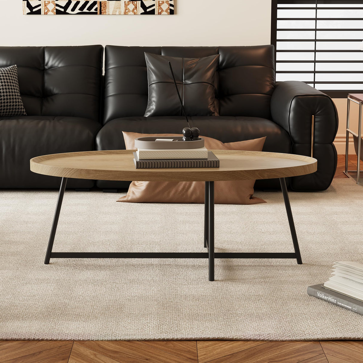 Modern Coffee Table, Oval Wood Coffe Table Center Table with Metal Leg for Living Room, 47 Inch Coffee Tables Accent Furniture (Oval Coffee Table, Nature) THRONKENGER