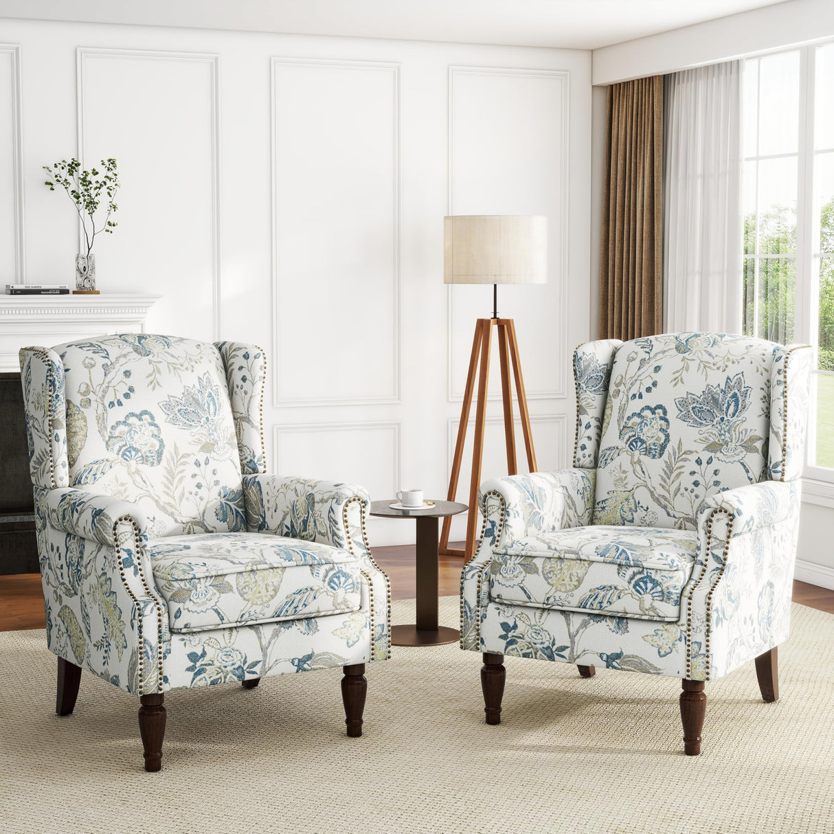 UIXE High Back Floral Accent Chairs Set of 2, Upholstered Armchair in Fabric, Retro Printed Wingback Arm Chair for Living Room, Nailhead Trim Single Sofa Bedroom Reading Seat - Plants Blue UIXE