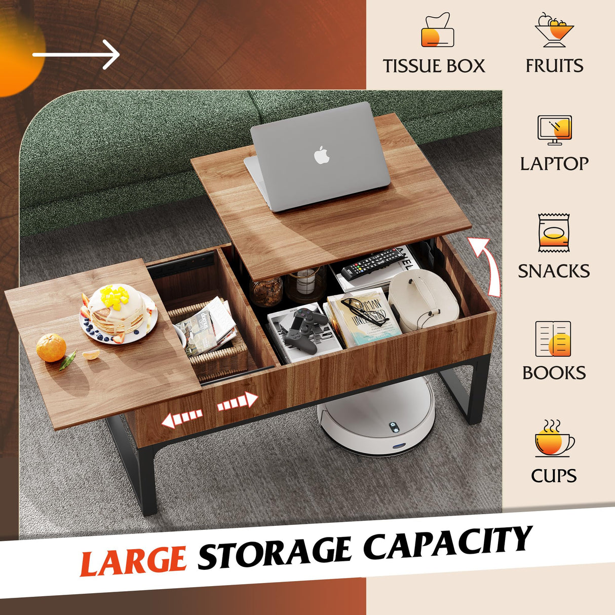 WLIVE Lift Top Coffee Table for Living Room,Modern Wood Coffee Table with Storage,Hidden Compartment and Drawer for Apartment, Home, Retro, Walnut Oak. WLIVE