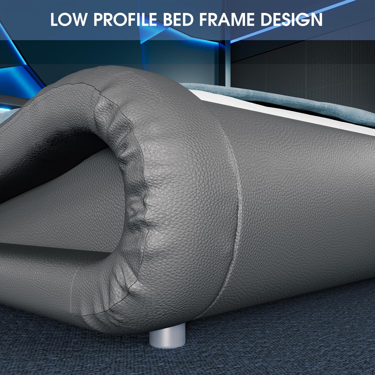 WEEWAY Modern Grey King Bed Frame with RGBW LED Lights and Adjustable Storage Headboard WEEWAY