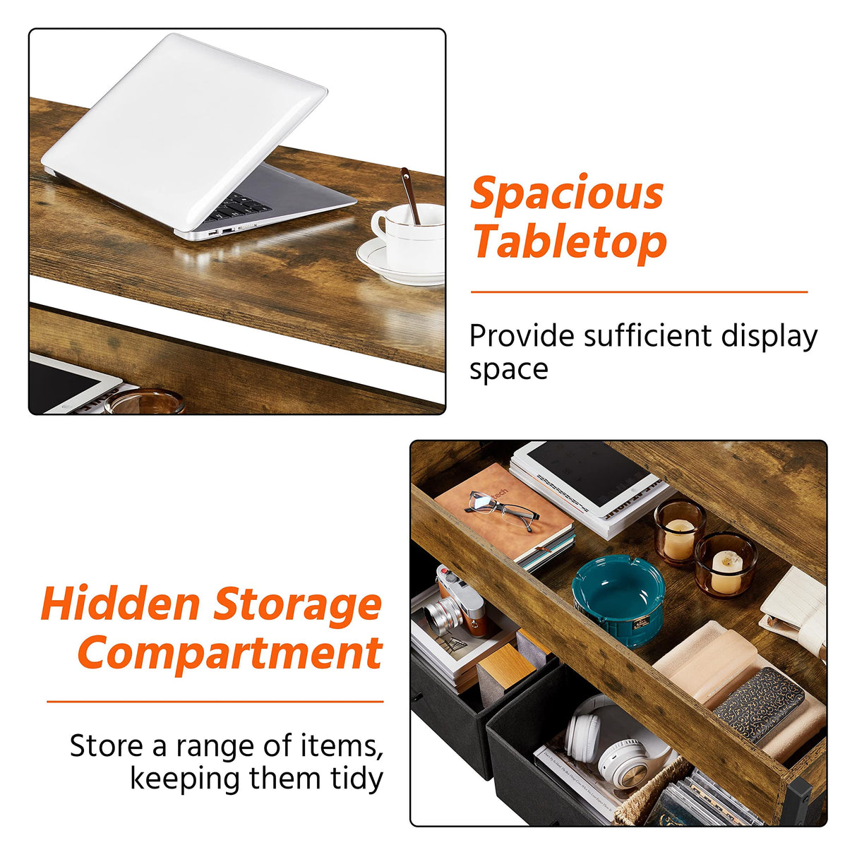 Yaheetech Lift Top Coffee Table with Storage and 2 Fabric Baskets, 41.5 Inch Wooden Raisable Top Coffee Table for Living Room & Office, Rustic Brown Yaheetech