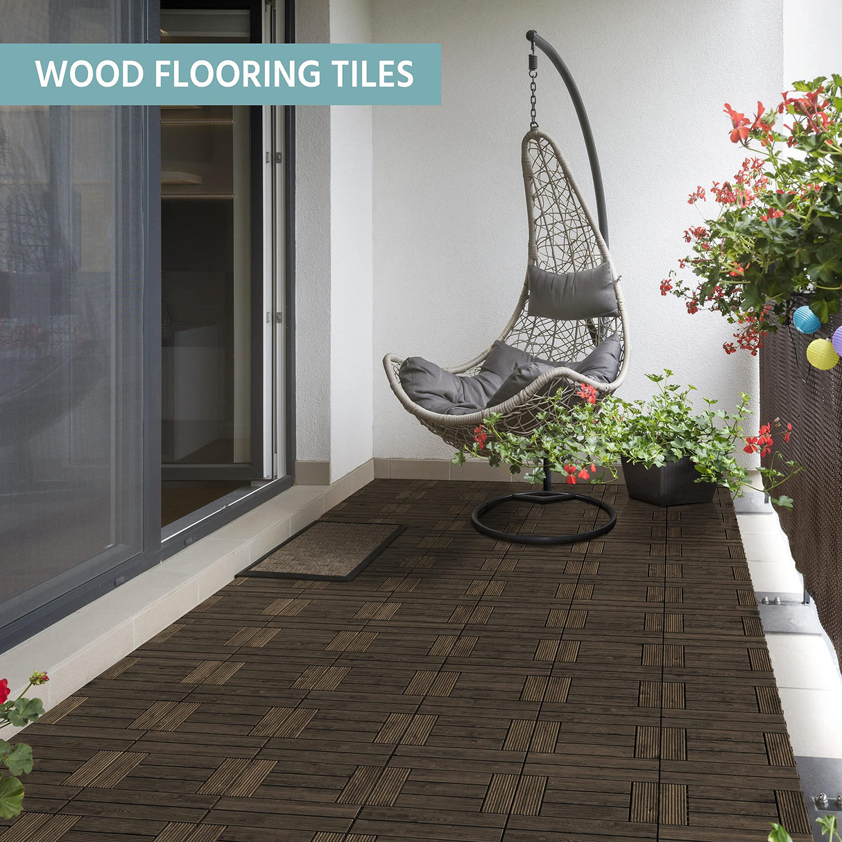 Topeakmart 27PCS Patio Deck Tiles Interlocking Wood Composite Decking Floor Tiles 12 x 12in Dark Brown for Outdoor & Indoor Patio Garden Deck Poolside Topeakmart
