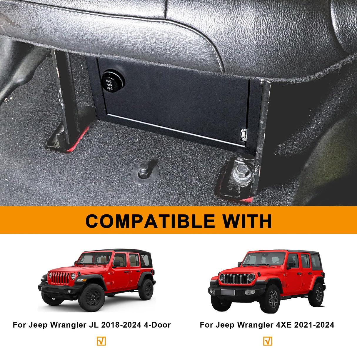 BESTAOO Under Seat Storage Lock Box Gun Safe Security Locking Organizer Compatible with 2018-2025 Jeep Wrangler JL 4 Door 4XE Interior Accessories Passenger Side Rear Underseat Storage Tray, Black BESTAOO