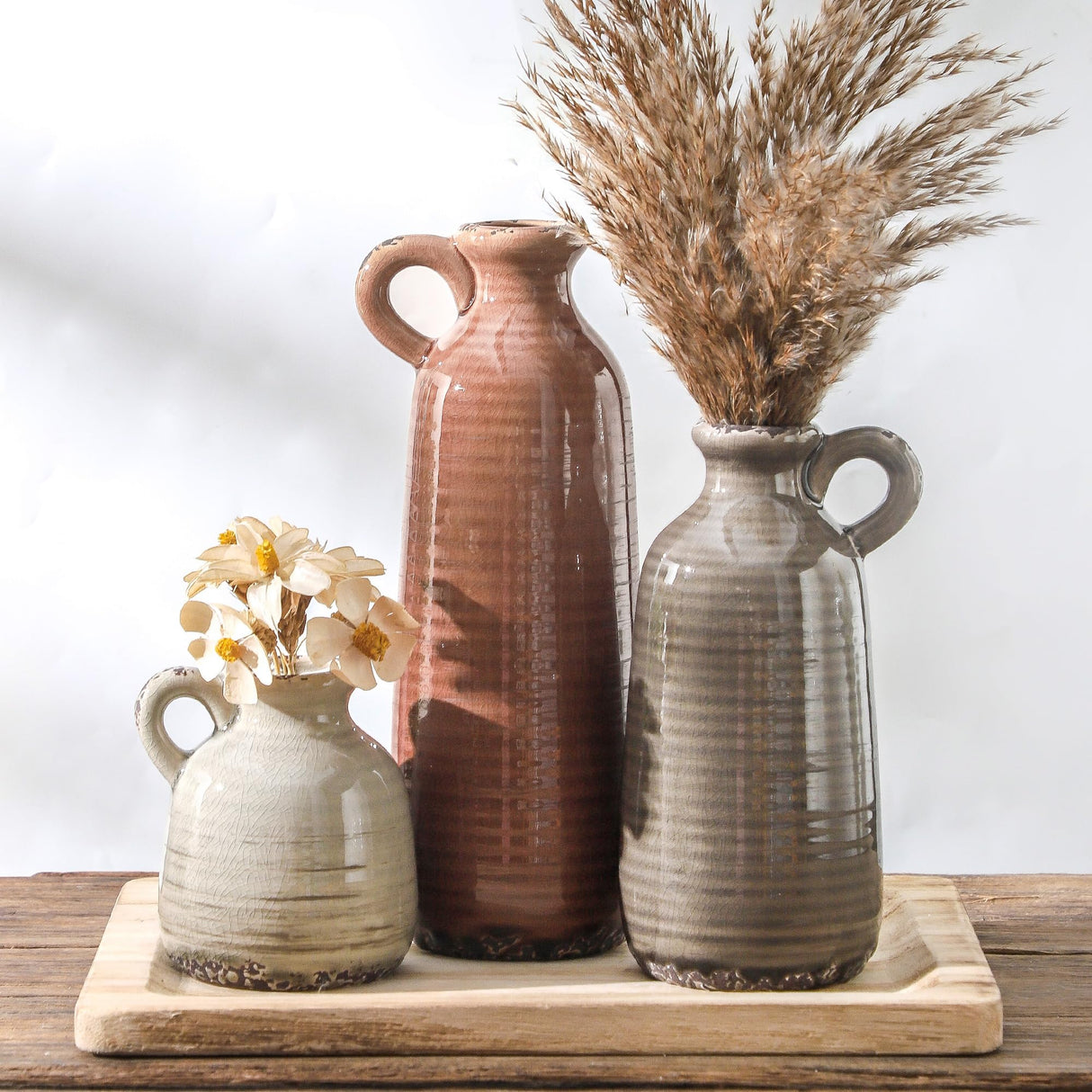 Ceramic Vases Set of 3, Neutral Rustic Farmhouse Vase with Handle, Decorative Flower Vases Home Decor Modern Boho Pampass Vase for Table Mantel Entryway Shelf Living Room Kitchen Bathroom - Brown ooit