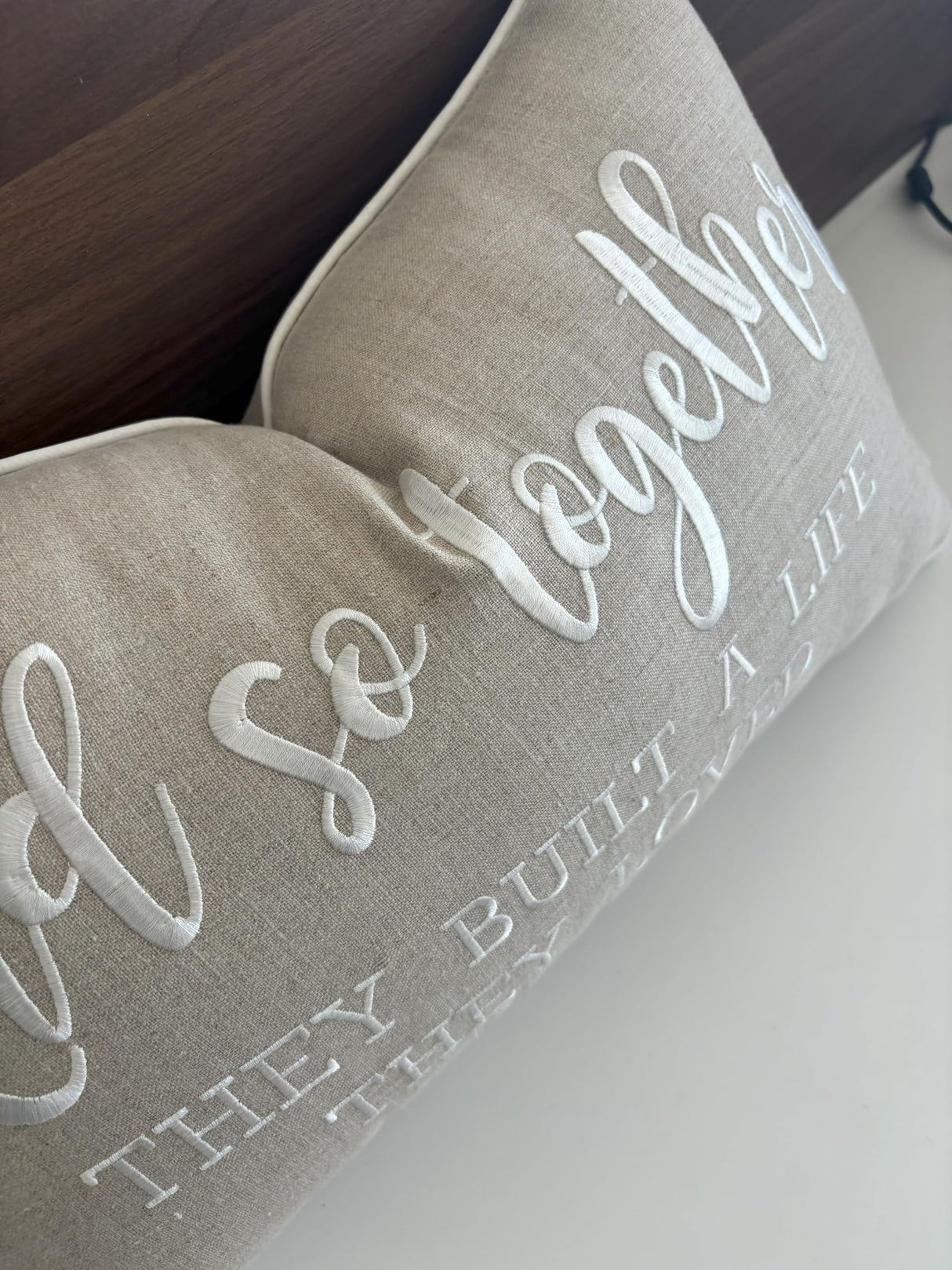 YugTex Romantic Couple Love Sentiment Embroidered Decorative Sayings Lumbar Accent Throw Pillowcase - and So Together Phrase Decor for Wedding, Anniversary, Valentine - 12x20 Inches, Natural-Ivory YugTex