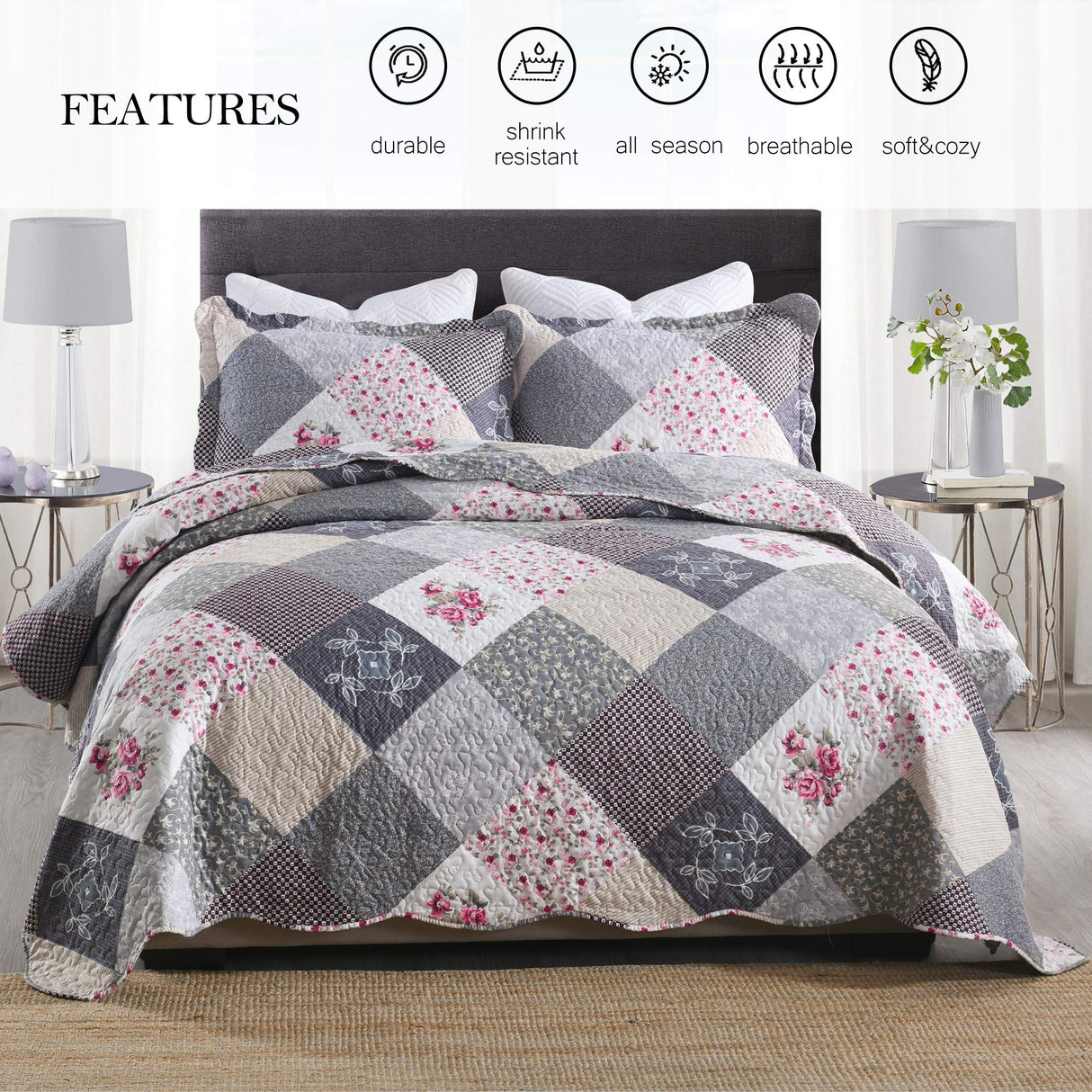 ENJOHOS Farmhouse Quilts King Size - King Quilt Set Grey Bedspread Reversible Patchwork Floral Coverlet Set, Microfiber Lightweight Country Quilts Bedding Set with 2 Pillow Shams(Grey Flower Plaid2) ENJOHOS