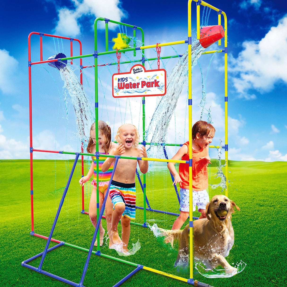 Backyard Waterpark with Splash Wheel, Dump Buckets for Kids Outdoor Water Play PUDDLE SPLASHERS