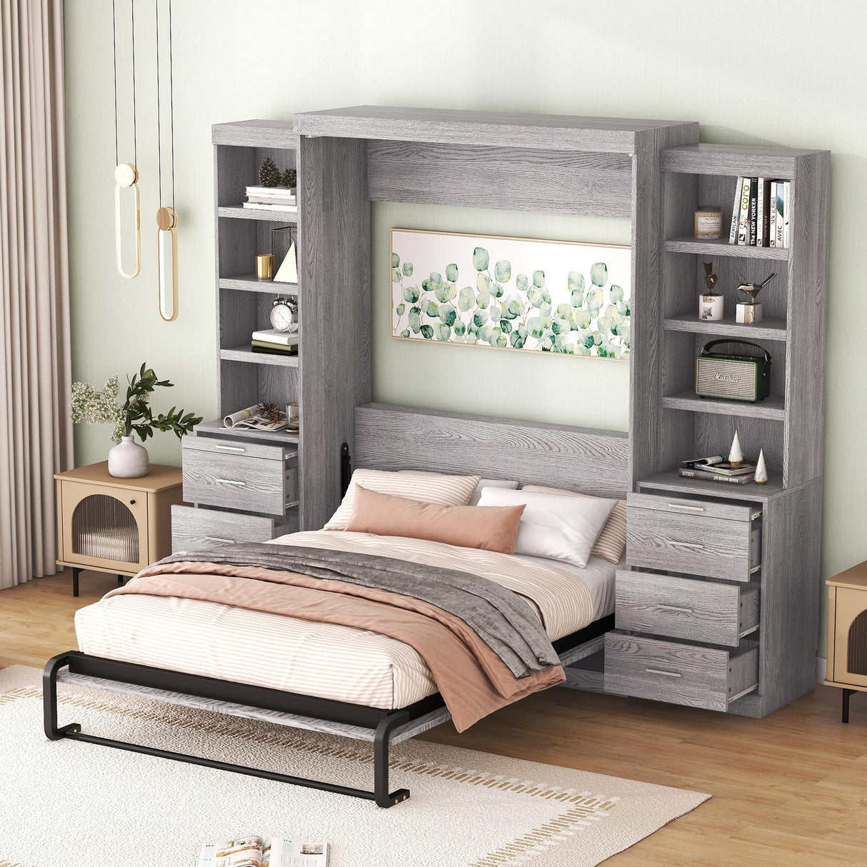 Harper & Bright Designs Full Size Murphy Bed Cabinet, Murphy Cube Cabinet Bed with Storage Shelves and Drawers, Wood Full Platform Bed Frame with Bookcase Storage Headboard - Gray Harper & Bright Designs