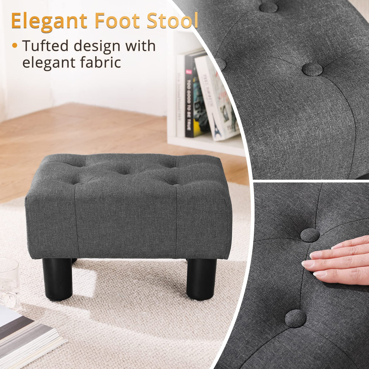 LUE BONA Small Tufted Foot Stool, Fabric Foot Stools Ottoman with Plastic Legs, 9''H, Rectangle Footstool for Adult with Non-Slip Pads, Sofa Foot Rest for Living Room, Couch,Carbon Grey LUE BONA