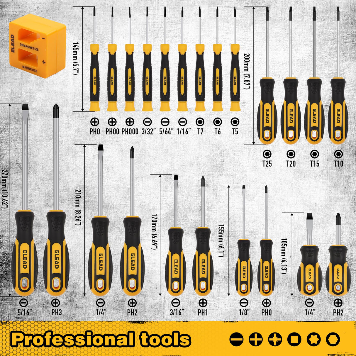Magnetic Screwdriver Set with Case: 86-Piece Slotted Phillips, Hex, Torx, Precision, Nut Drivers, Driver Bits and Magnetizer, Ergonomic Handle, Ideal for Mechanics and Professionals ELEAD