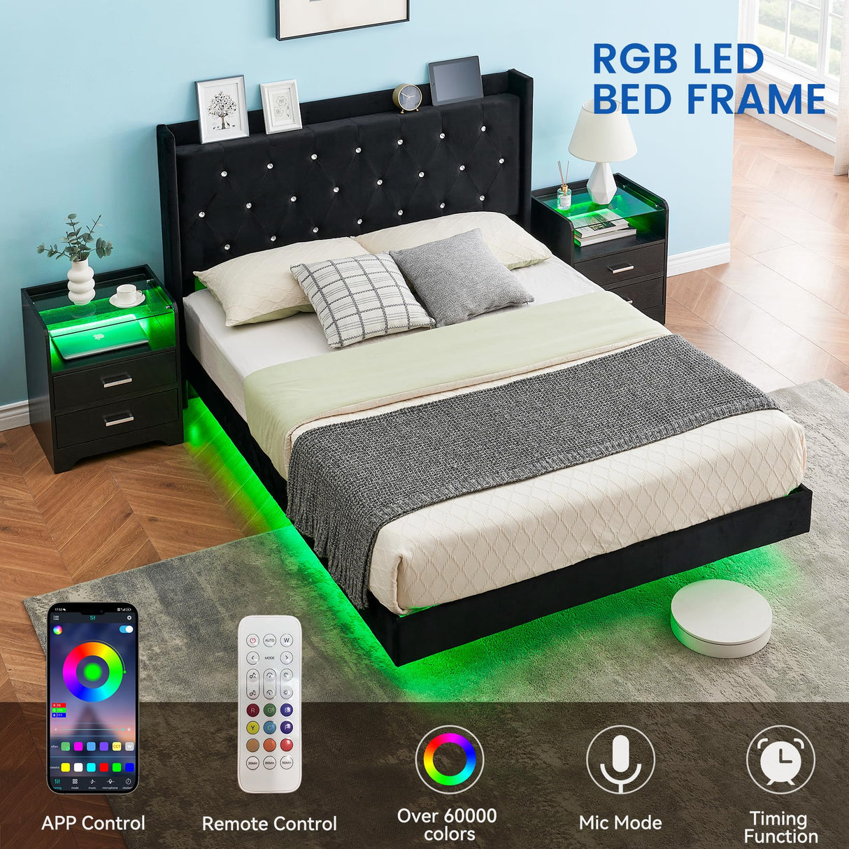 GarveeHome Modern Queen Size Floating Bed Frame with LED Lights and Wingback Storage Headboard GarveeHome