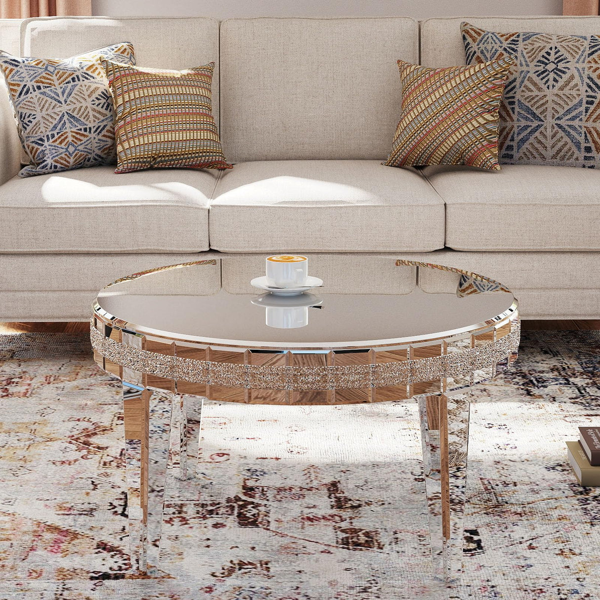 COSVALVE Silver Coffee Tables for Living Room Round with Luxury Mirror Surface, 31.5 Inches Mirrored Coffee Table with Legs & Crystal Inlay, Center Table Cocktail Table for Reception COSVALVE