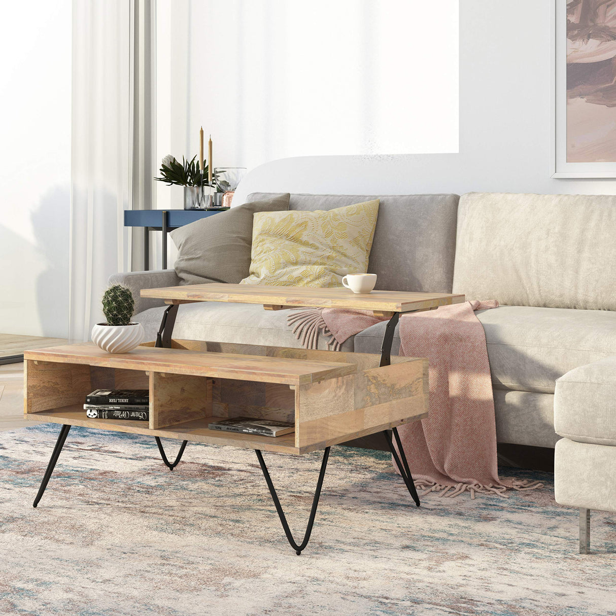 SIMPLIHOME Hunter Small Lift Top Coffee Table - 36 inch Wide Solid Mango Wood and Metal Industrial Cocktail Table in Natural, Living Room Table with Hidden Storage, 2 Cubbies, and Hairpin Legs SIMPLIHOME