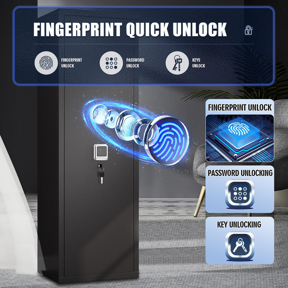 10-15 Large Gun Safe Cabinet With 3 Pistol Pouches,rifle Gun Safes for Home fireproof waterproof Adjustable Rack and Biometric Lock,Heavy-Duty Gun Safes for Rifles and Shotguns Money and Valuable PRESTELION