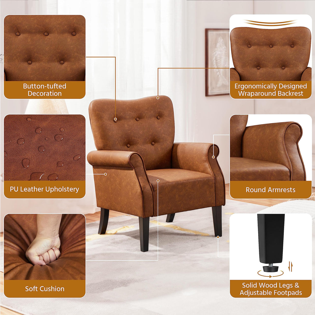 Yaheetech Modern Armchair, Mid Century PU Leather Accent chair with Sturdy Wood Legs and High Back for Small Space, Upholstered Sofa Club Chair for Living Room/Bedroom/Office, Retro Brown Yaheetech