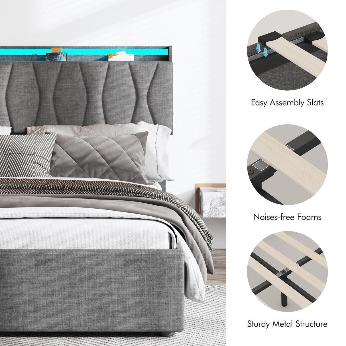 King Size Lift Up Storage Bed Frame, Height Adjustable Storage Headboard with Charging Station, LED Lights Upholstered Platform Bed, Wooden Slat, No Box Spring Needed, Noise-Free, Dark Grey Fameill