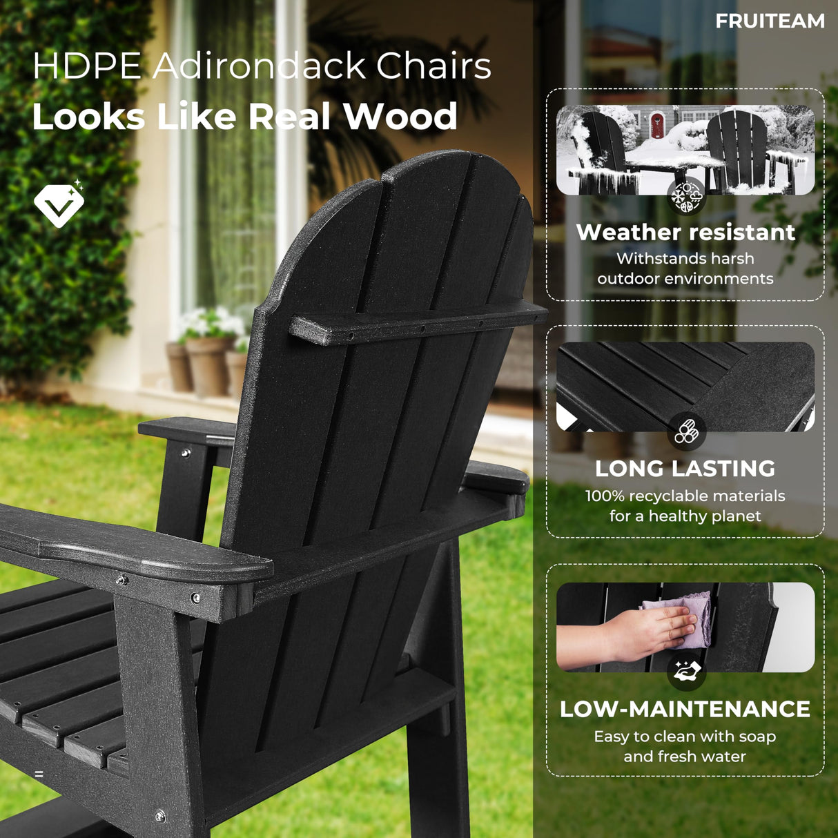 FRUITEAM Tall-Adirondack-Chairs-Set of 2, Outdoor Modern Bar-Height Adirondack Chairs, Double Raised Adirondack Patio Chairs with Removable Connecting Tray, for Pool, Yard, Lawn FRUITEAM