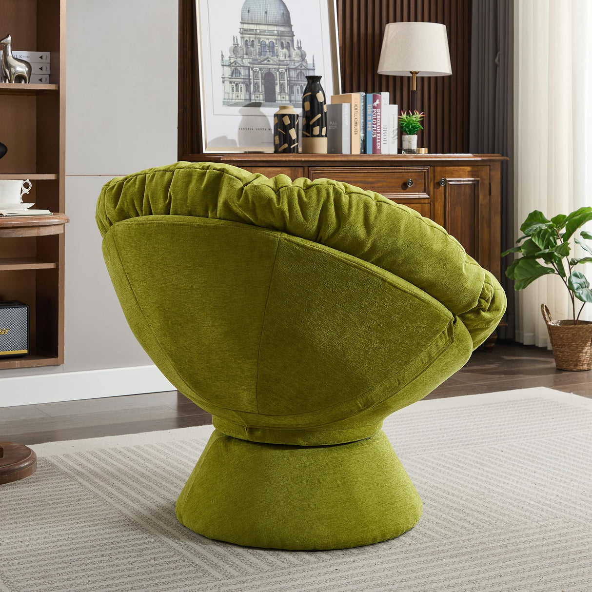 Papasan Chair with Cushion and Frame, 360° Swivel Accent Chair, Comfy Chenille Upholstered Round Modern Oversized Reading Lounger with Metal Base Lazy Chair for Bedroom, Living Room, Olive Green SLEERWAY