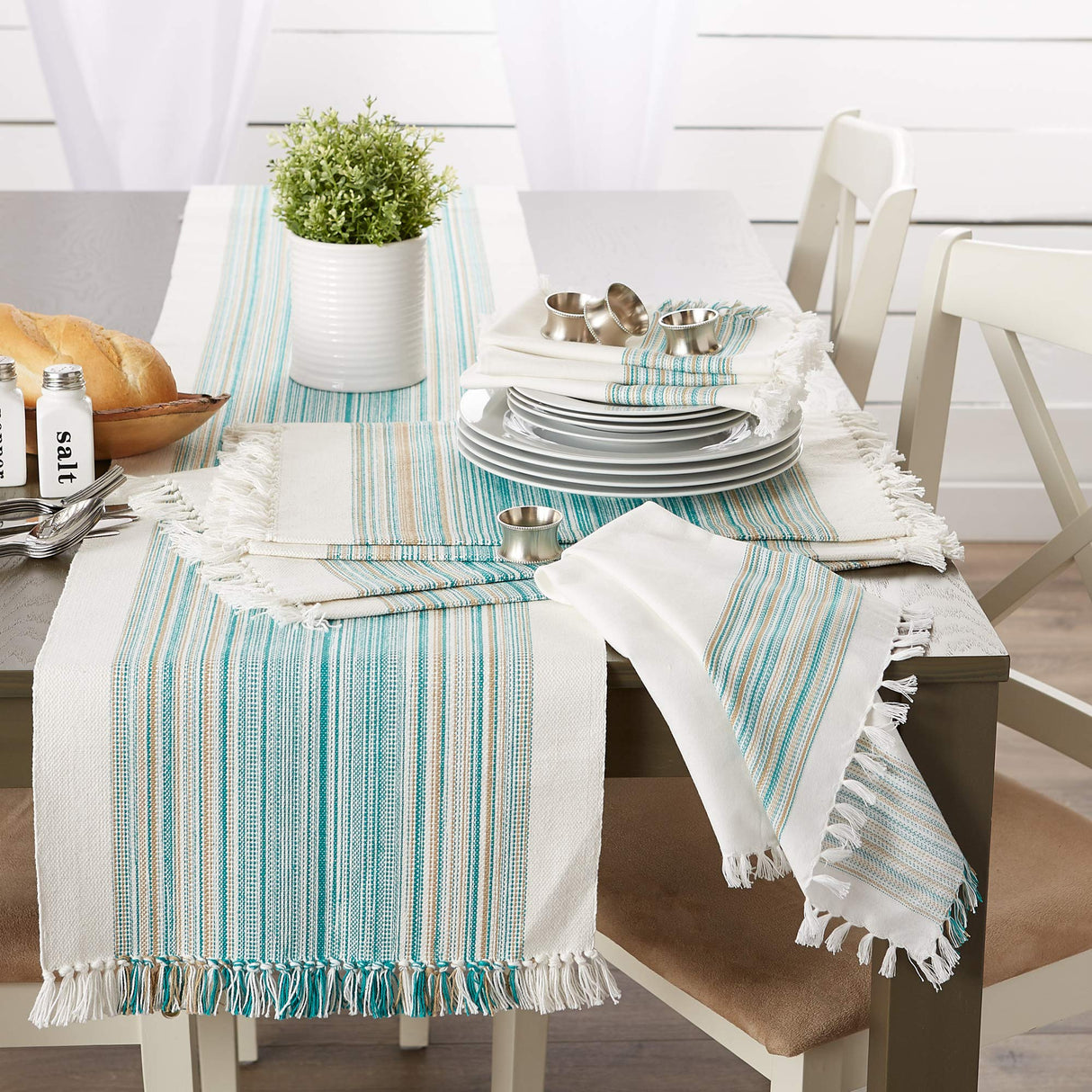 DII Everyday Collection Fringed Stripe Tabletop, Table Runner, 14x72, Teal DII