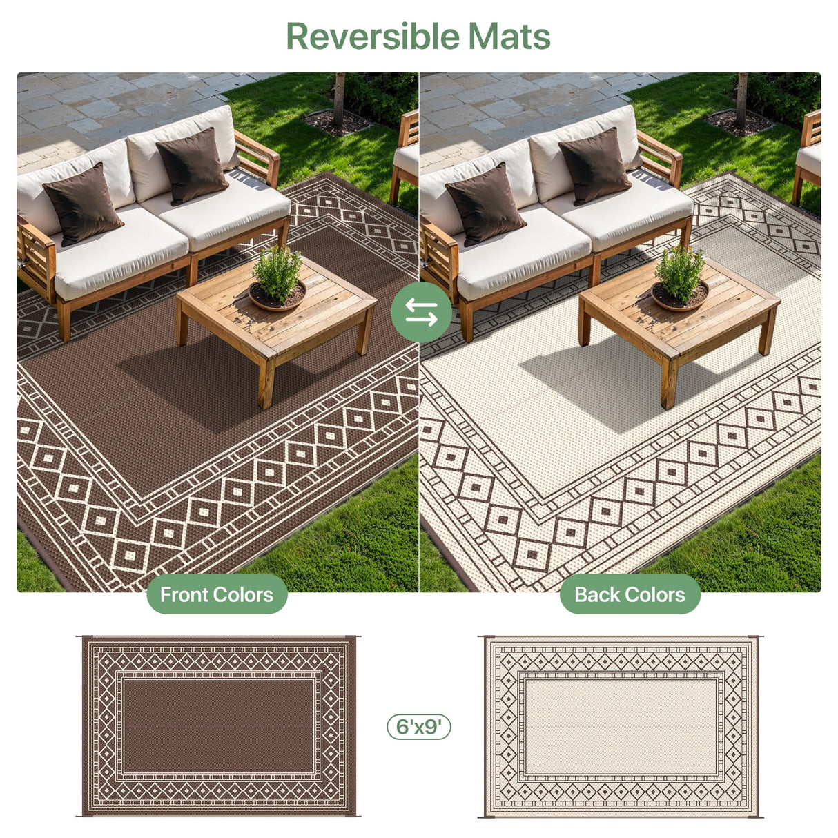 GENIMO Outdoor Rug Waterproof for Patio Decor, 6'x9' Foldable Reversible Plastic Straw Carpet for Travel Trailers, Outside Area Mat for Rv, Deck, Picnic, Porch, Camper, Balcony, Beach, Coffee & Beige GENIMO