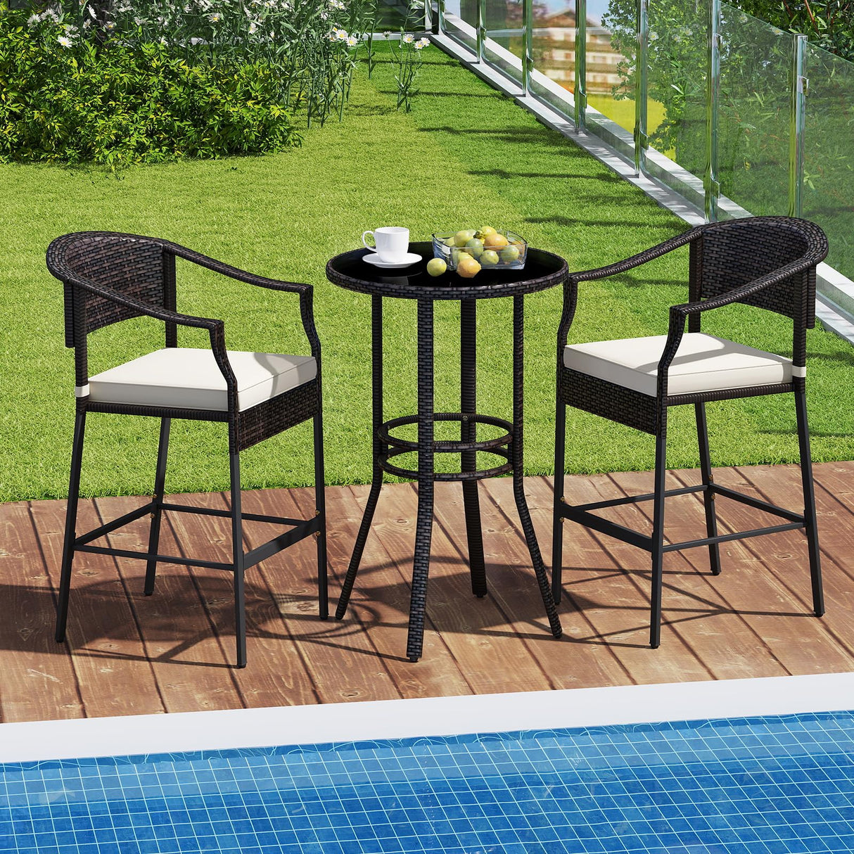RELAX4LIFE 3-Piece Outdoor Bar Set - Patio Wicker Rattan Bar Height Barstools w/Cushions, Footrest, Round Glass Top Table, High Top Bistro Table & Chairs Set of 2 for Pool Porch Balcony (Brown-Beige) RELAX4LIFE