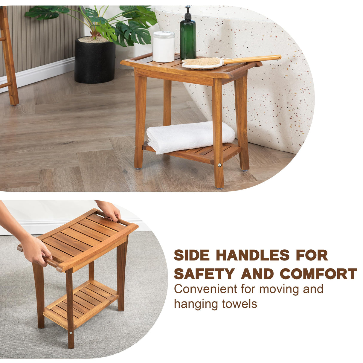 VICTORY RELAX Shower Stool Wood, 2-Tier Wooden Shower Bench for Inside Bathroom Sitting, Heavy Duty Chair with Storage Shelf, Acacia Wood Waterproof - Natural VICTORY RELAX