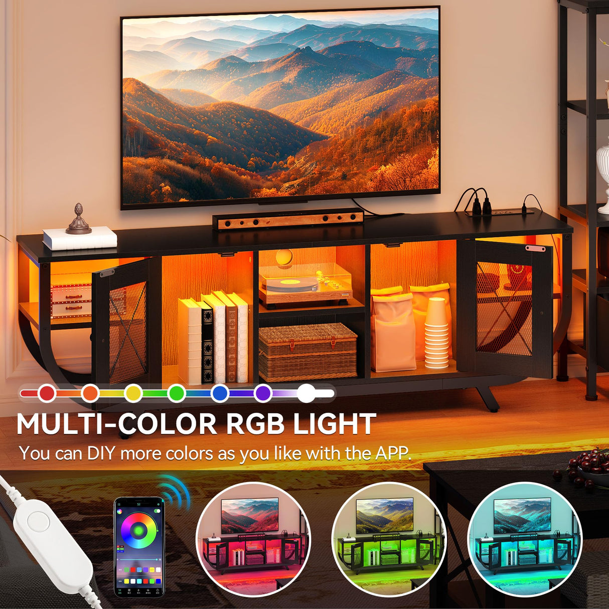 YITAHOME TV Stands for Living Room, LED TV Stand for 65 inch TV Entertainment Center with 2 Bookshelves, Modern Farmhouse TV Console Cabinet with Power Outlets, Black YITAHOME